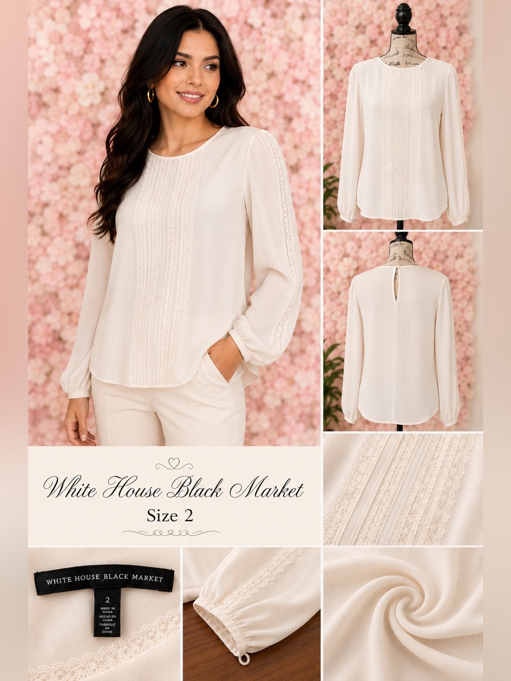 White House Black Market Cream Lace Trim Blouse Size 2 Elegant Long Sleeve Top - Picture 2 of 10